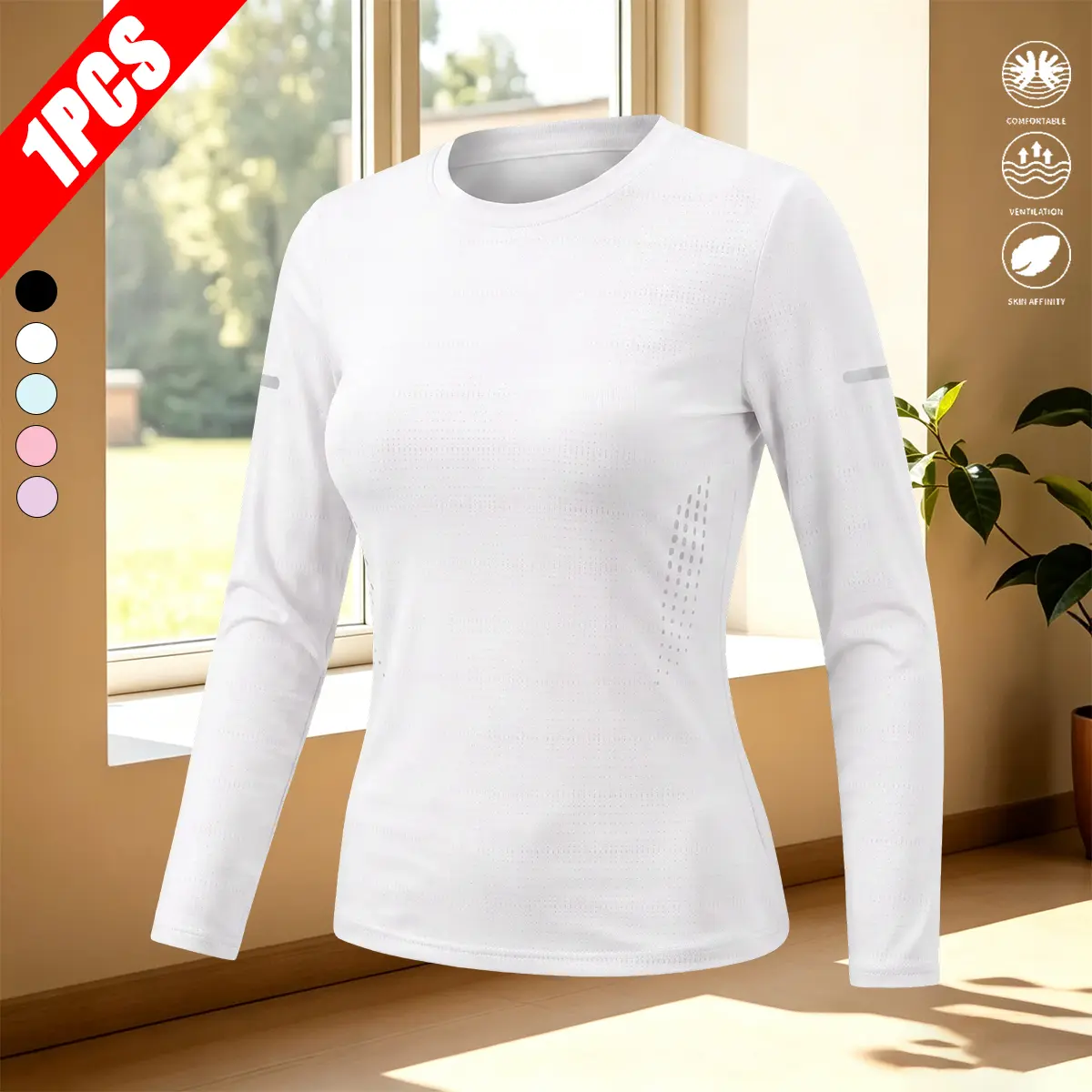 Women's Minimalist Long-Sleeve Polyester Shirts - Solid Color Crew Neck Pullover Base Layer, Soft Fine Fabric, Close-Fitting, Machine Washable for Sports Wear & Daily Use (Spring & Autumn)