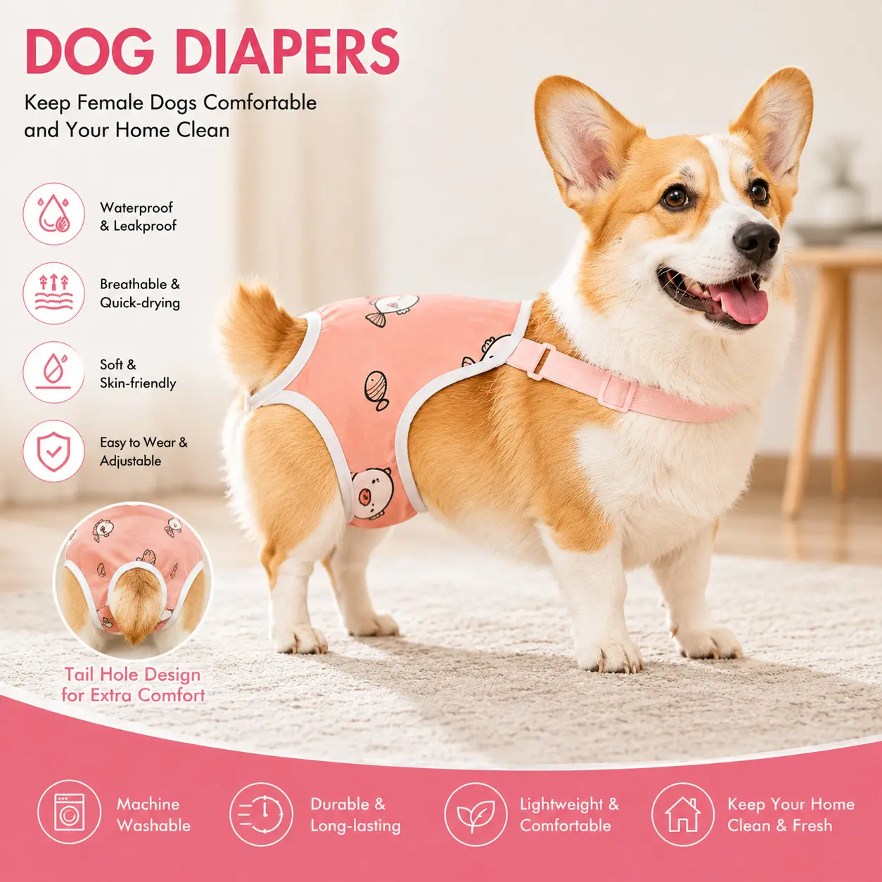 Female Dog Diapers - Cool & Breathable Rash-Safe Mesh, Multi-Layer Lock Leak-Proof Pads, Non-Slip Heat Cycle Guard, Hook & Loop Closure, Machine Washable Urine-Absorbent Pet Supplies for Home Use, Eco-Conscious Puppy Diapers