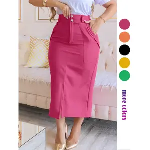 Women's flat pocket slit slim pencil skirt, elegant high waisted long skirt, suitable for work, office, business, and all season women's clothingRAIMENTRY