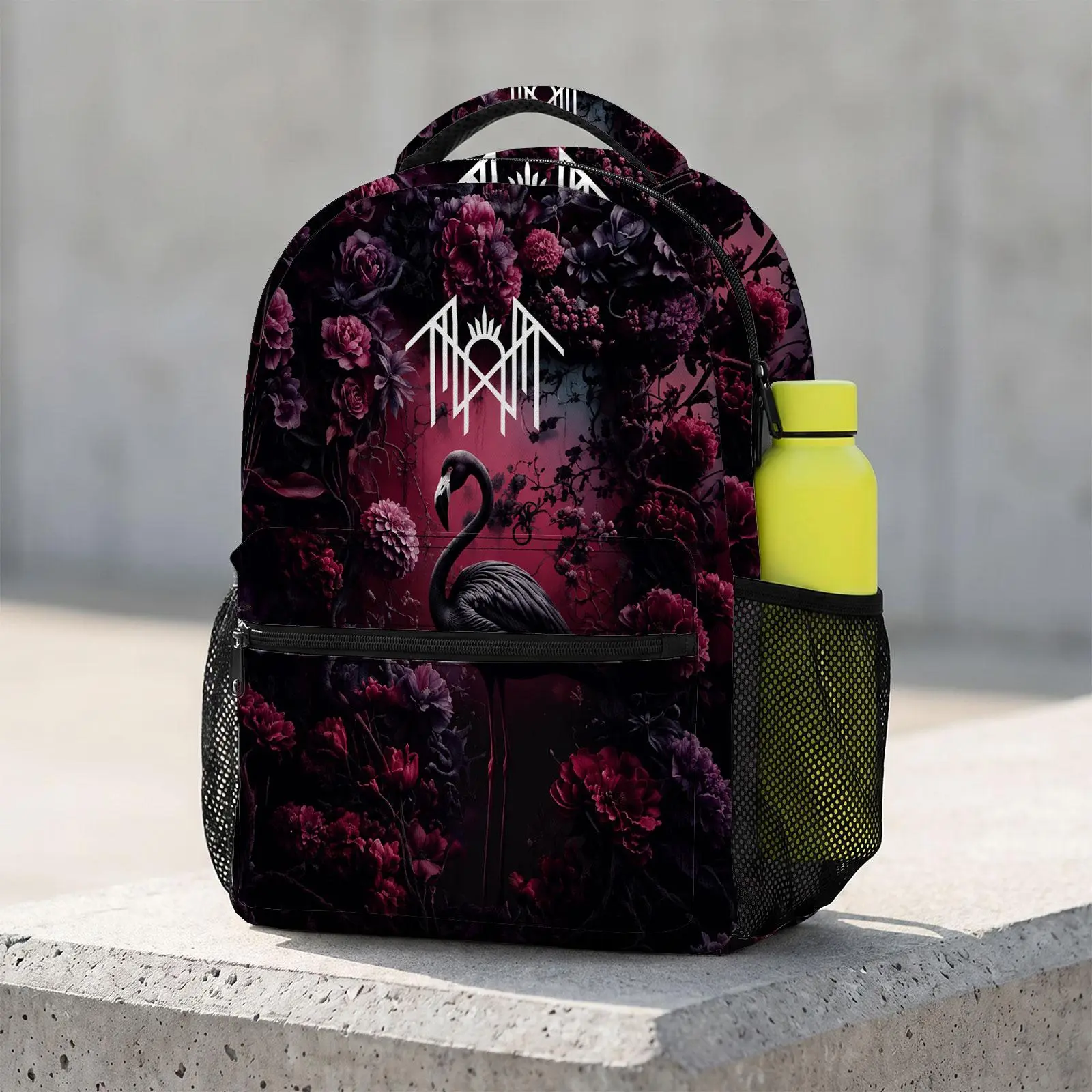 Flamingo-Bloom-Night Cute Cartoon Backpack 17-Inch | Kawaii Print School Bookbag | Large Travel Daypack with Water Bottle Holder for Teens Kids