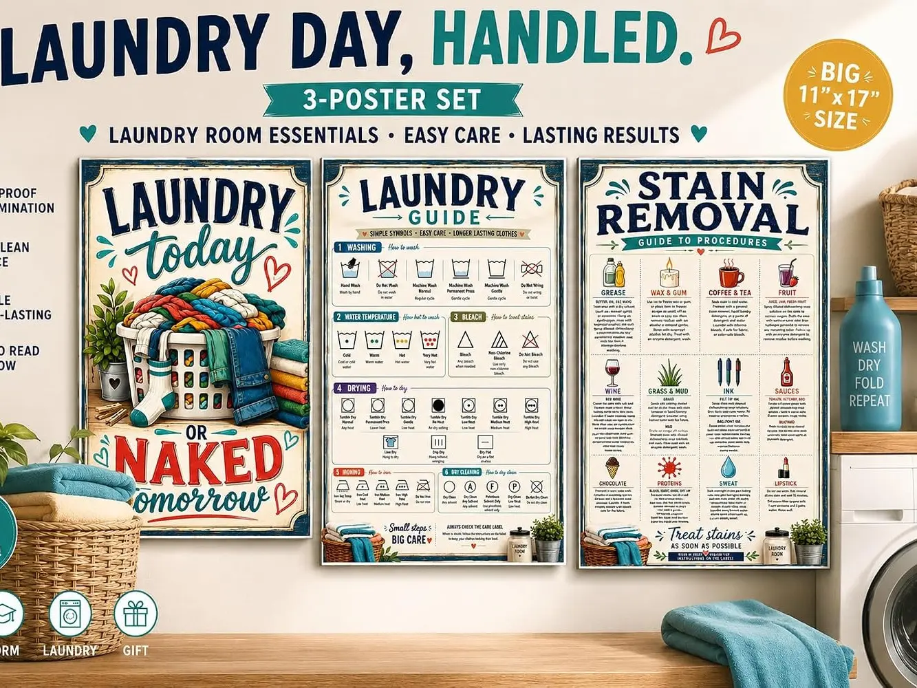 3-Piece Laundry Room Poster Set – Laundry Symbols & Stain Removal Guide, Funny Laundry Wall Decor, 11x17 Laminated Posters