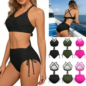 Women's 2 Pieces Crisscross Back Bikini Set with Removable Pads Drawstring Ruched Swimsuit for Beach Pool