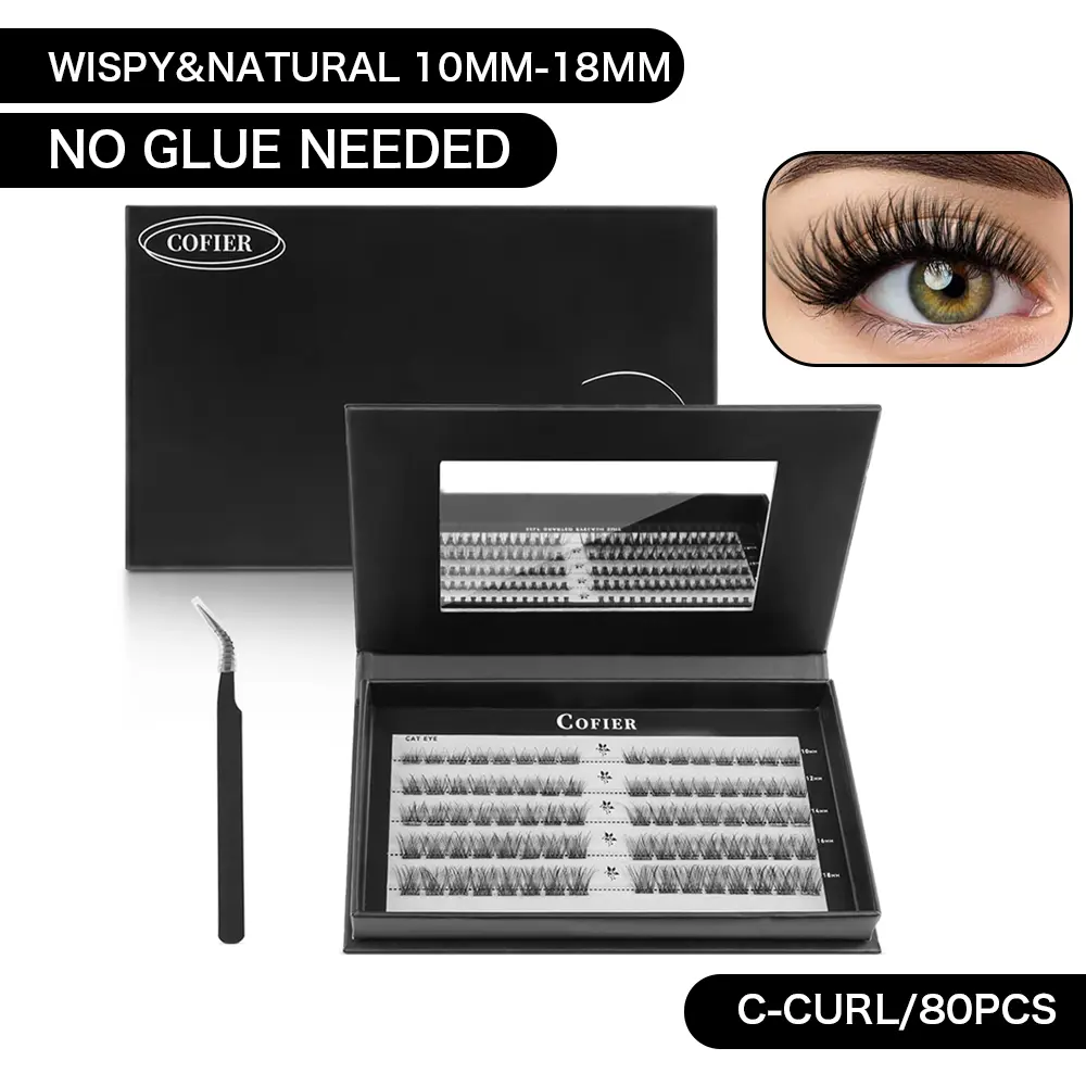 Cofier DIY Lash Kit - Press-On, No Glue Self-Adhesive Eyelashes (Cat Eye Style, 10-18mm) - Individual Lashes with Tweezers, Beginner-Friendly