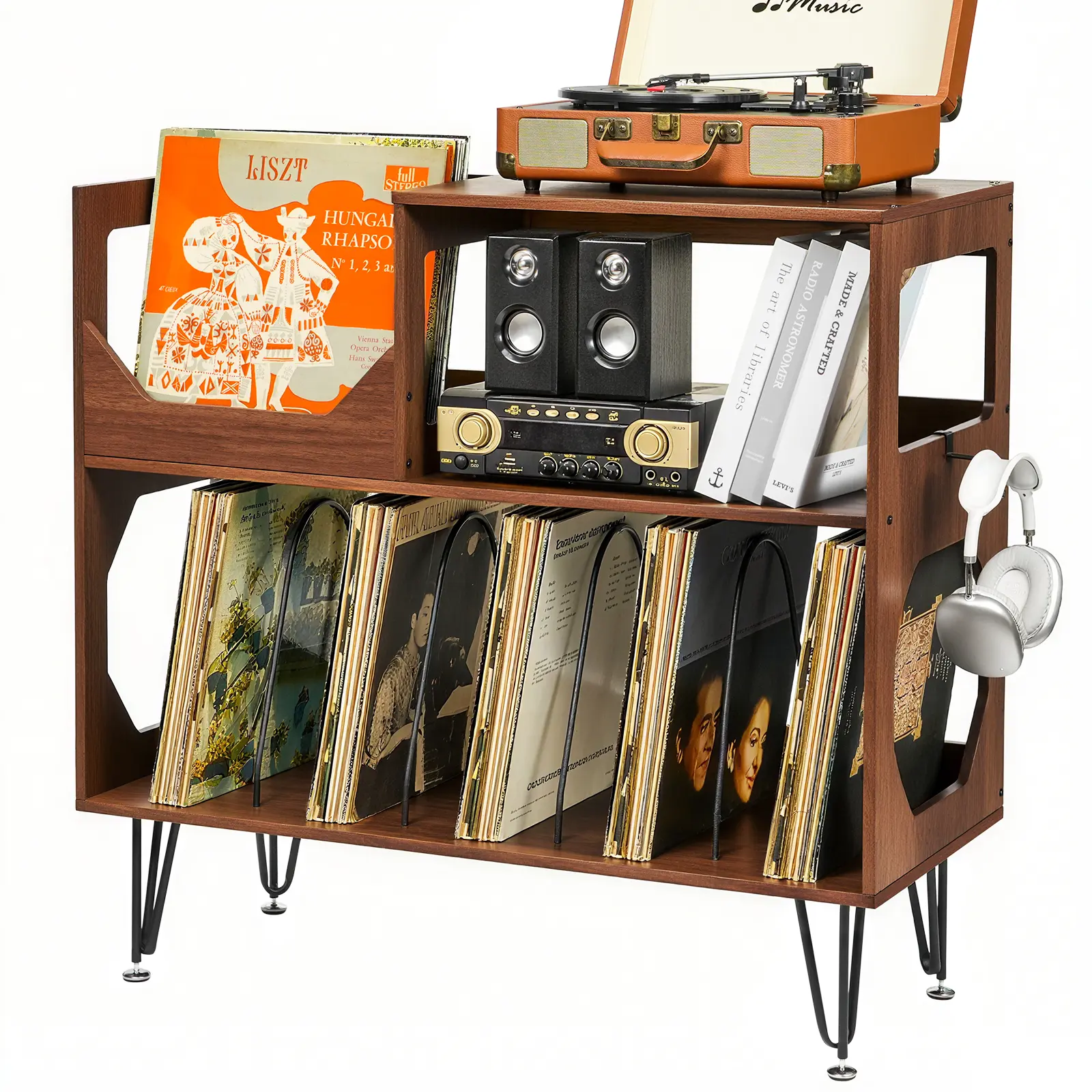 Large Rustic Record Player Stand, 2 Tier Record Player Table With Vinyl Record Storage, Vinyl Record Storage Cabinet With Metal Legs, Turntable Stand For Living Room, Bedroom, Holds 370 Albums, Black