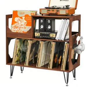 Large Rustic Record Player Stand, 2 Tier Record Player Table With Vinyl Record Storage, Vinyl Record Storage Cabinet With Metal Legs, Turntable Stand For Living Room, Bedroom, Holds 370 Albums, Black