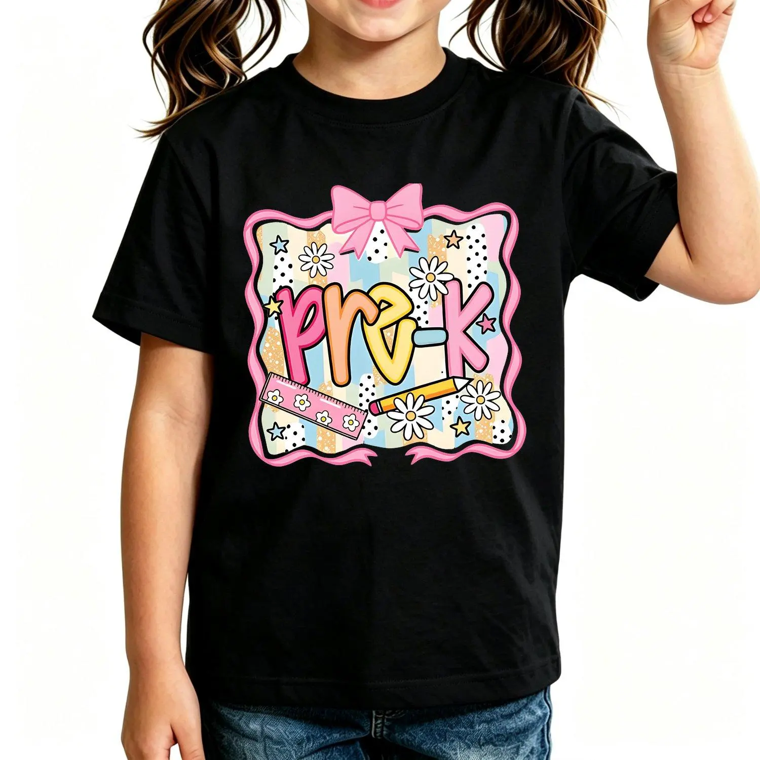 girls T Shirts Pre K Bow and Alphabet Colorful Letter Print Round Neck Machine Washable Spring Summer School Outfit Suitable for Back to School Clothing