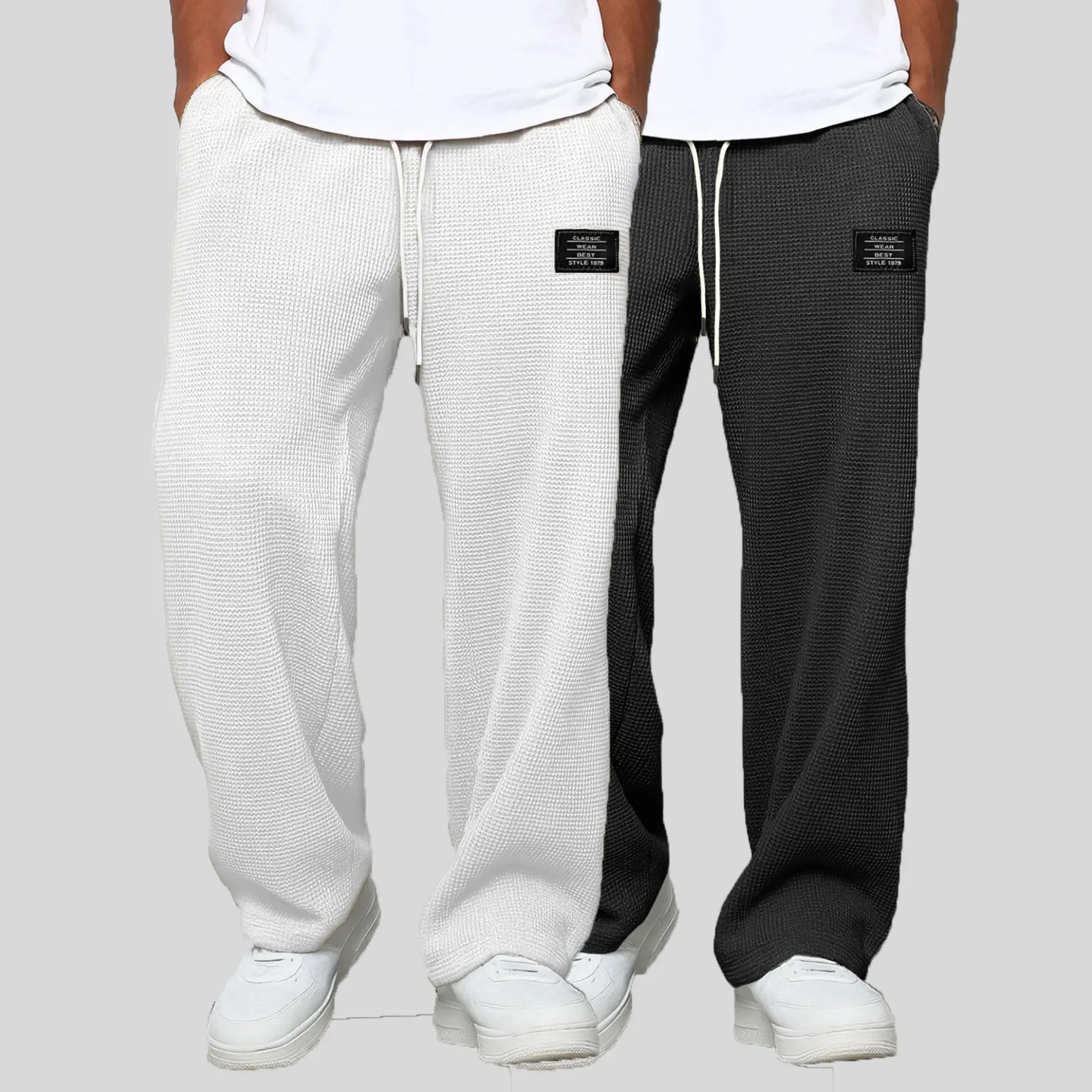 1-pack men’s waffle sweatpants — loose straight fit with a drapey feel and wide legs; casual long pants, high-street athletic style
