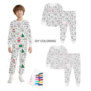 Easter Gift Cozy Coloring  Kids  Pajamas Set with Markers Soft Cotton 2-Piece Unisex PJs Snug Fit Farm Animal & Butterfly Themes Ultimate Stretch Seasonless Wear Sleepwear Cartoon Print