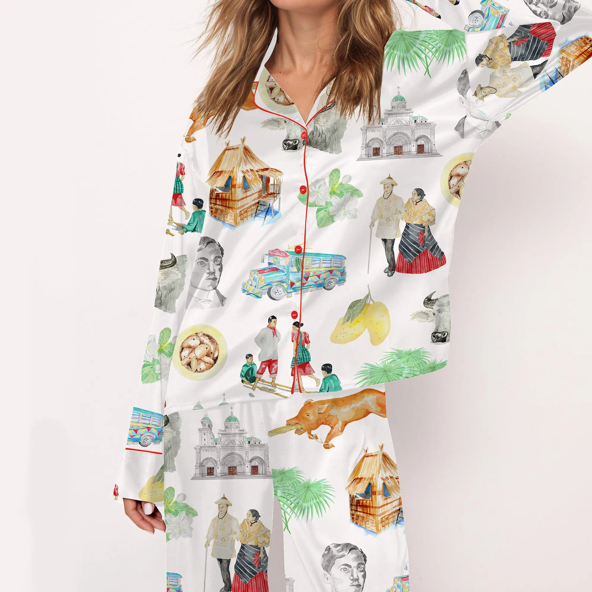 Philippines Filipino Satin Pajama Set For Women Print Comfy Satin Sleepwear & Loungewear Pjs Printing Silky Top & Bottoms - SHESHOW