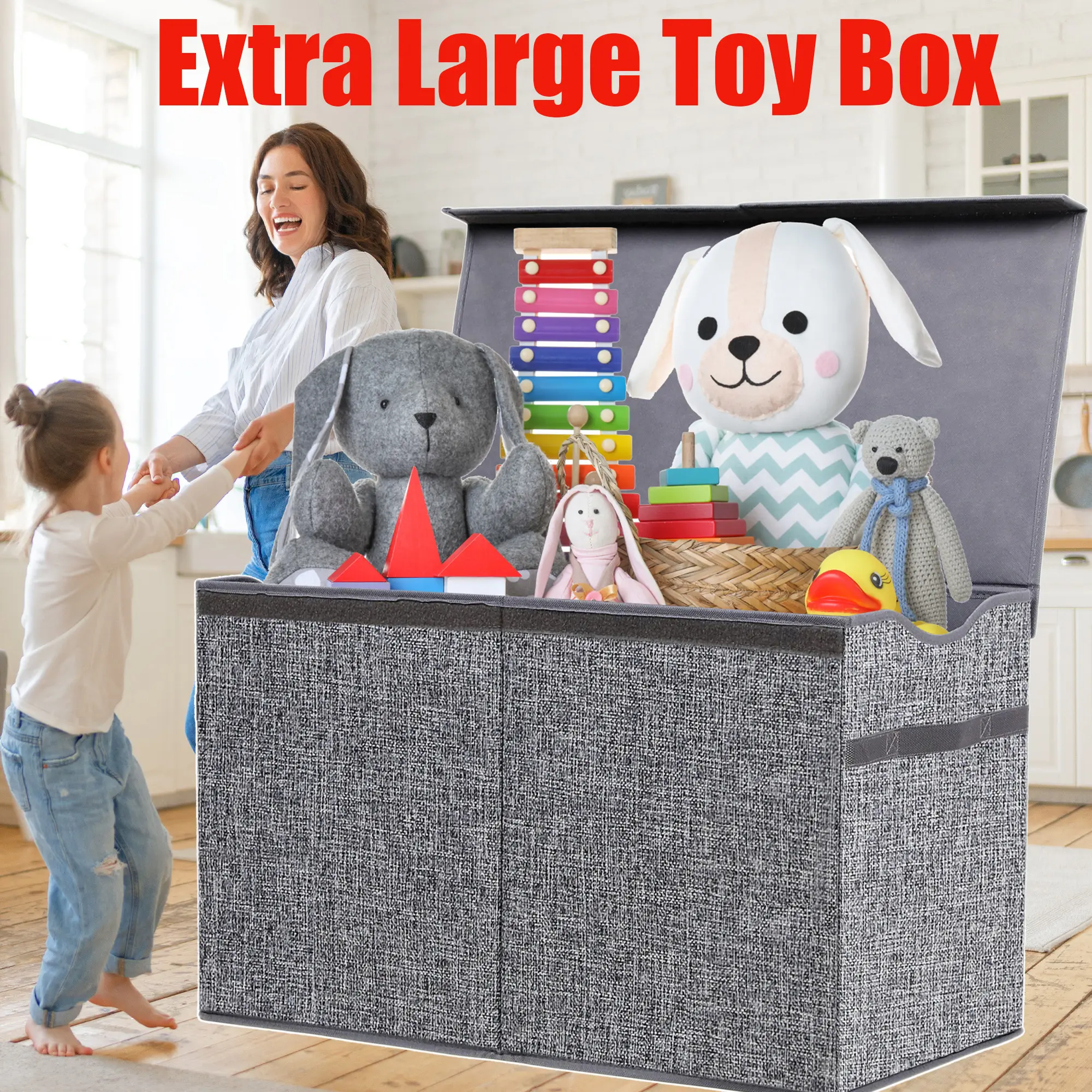 32gal Extra Large Toy Box Storage Basket with Lids, Collapsible Sturdy ...