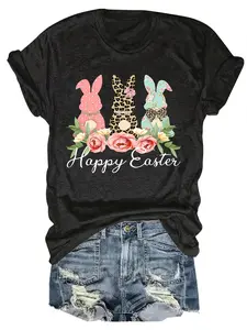 Women's Easter Bunny Pattern Short Sleeve T-Shirt- Soft Lavender Casual Crew Neck Top with Floral and Polka Dot Bunny Design, "Happy Easter" Text, All-Season Comfort, Machine Washable- Perfect Gift for Friends, Festive Clothing, Fun Design, Comfort
