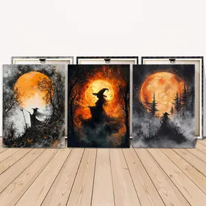 Witch Pattern Canvas Painting with Frame, 3 Counts/set Gothic Creepy Witch Halloween Wall Art, Home Decoration for Living Room Dormitory Office Gallery