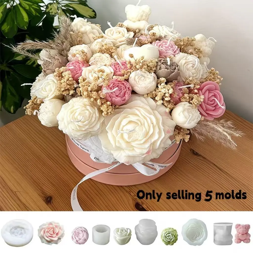 5-Piece Floral Silicone Mold Set, Home Candle Decoration Bouquet, Christmas Halloween Easter Gift, Soap Making Kit, Soap Clay Candle Molds, Flower Design, Soap Making Supplies