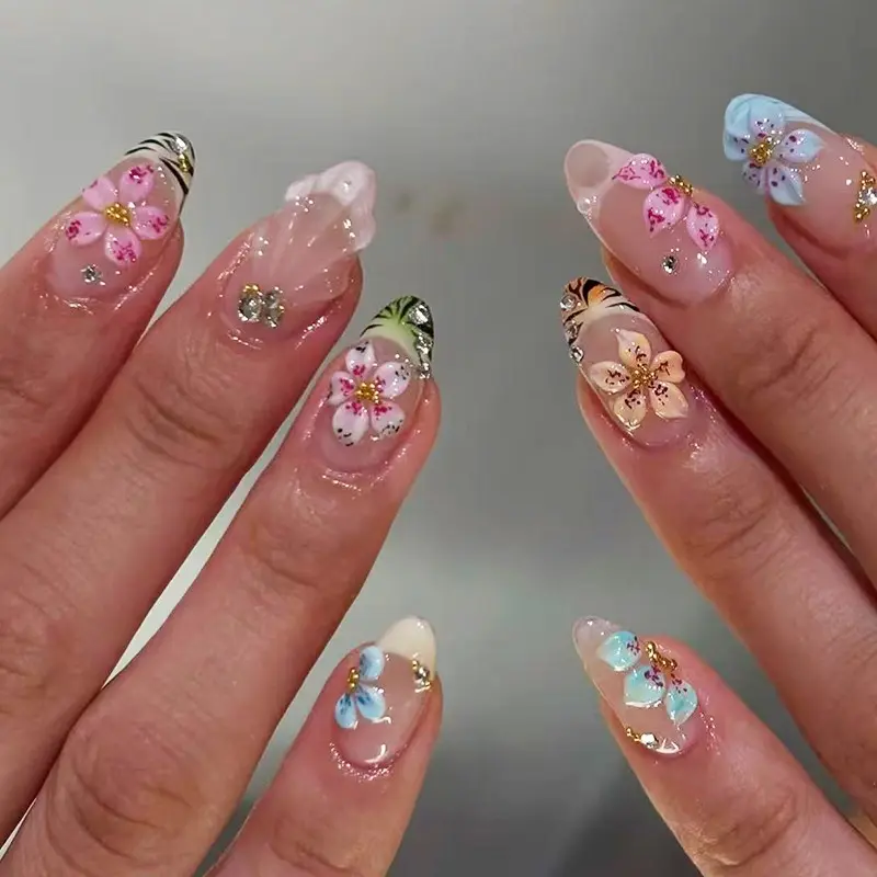 24pcs Almond Press-On Nails, Almond Fake Nails, Floral Tiger Stripe Design, French Style Sparkly Rhinestones, Removable Wearable Fashionable Rhinestone Decorated Nail Set, Summer Manicure, Nails Art, Nails Press Ons, False Nail