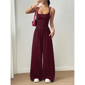 Women’s strapless casual vest jumpsuit with wide-leg loose pants; a simple, comfortable set featuring a fitted solid-color design, suitable for all seasons.