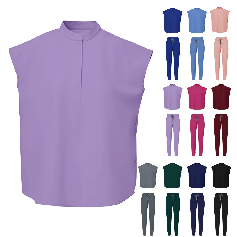 Women's Plus-Size Basic Plain 2-Piece Scrub Set - Minimalist Stand-Up Collar Scrubs Top & Full-Length Polyester Spandex Workwear Pants Uniform