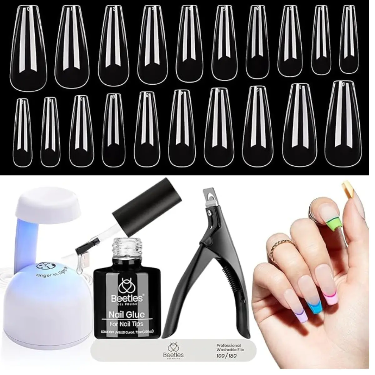 Nail Extension Set 5 In 1 Glue Gel Base Coat with Long Coffin Soft Gel Nail Tips and Led Nail Lamp Comfort