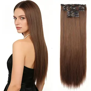 24 Inch Clip in Synthetic Hair Extensions Long Straight 6PCS Thick Hairpieces Fiber Natural Easy To Use Hair Extension for Women Weddings Daily Party Use Chocolate Brown full head coverage clip-in extension holiday use