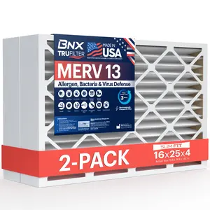 BNX TruFilter 16x25x4 Air Filter MERV 13 (2-Pack) - MADE IN USA - Electrostatic Pleated Air Conditioner HVAC AC Furnace Filters for Allergies, Pollen, Mold, Bacteria, Smoke, Allergen, MPR 1900 FPR 10
