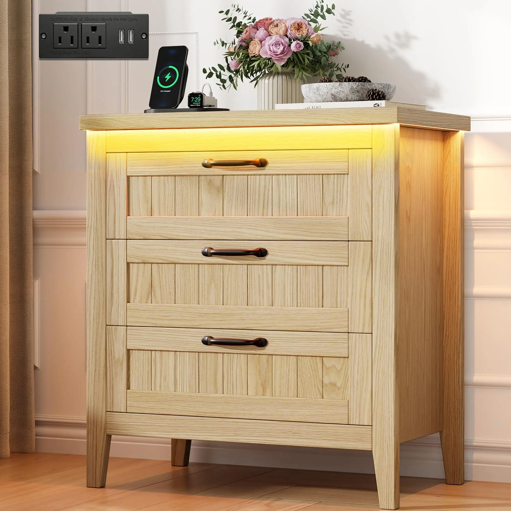 Farmhouse 3 Drawer Dresser with Charging Station & LED Lights, Slim Wooden Bedroom Dresser, Rustic Chest of Drawers Clothes Storage Organizer for Closet Dorm Apartments, Natural Wood