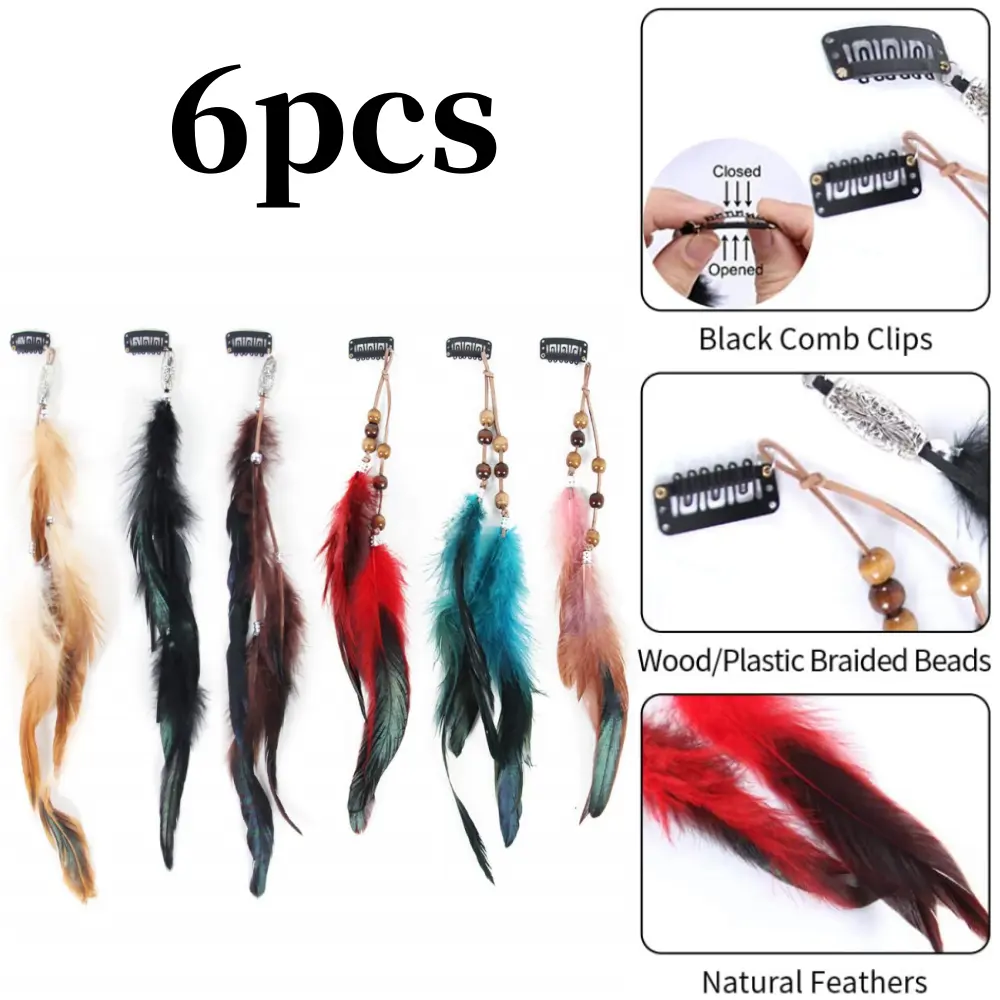 6-Pack Retro Ethnic Style Natural Feathers Feather Hair Clip Set with Tassel Headband, Handmade Hair Styling Accessory for Beauty & Personal Care, Comb Clip