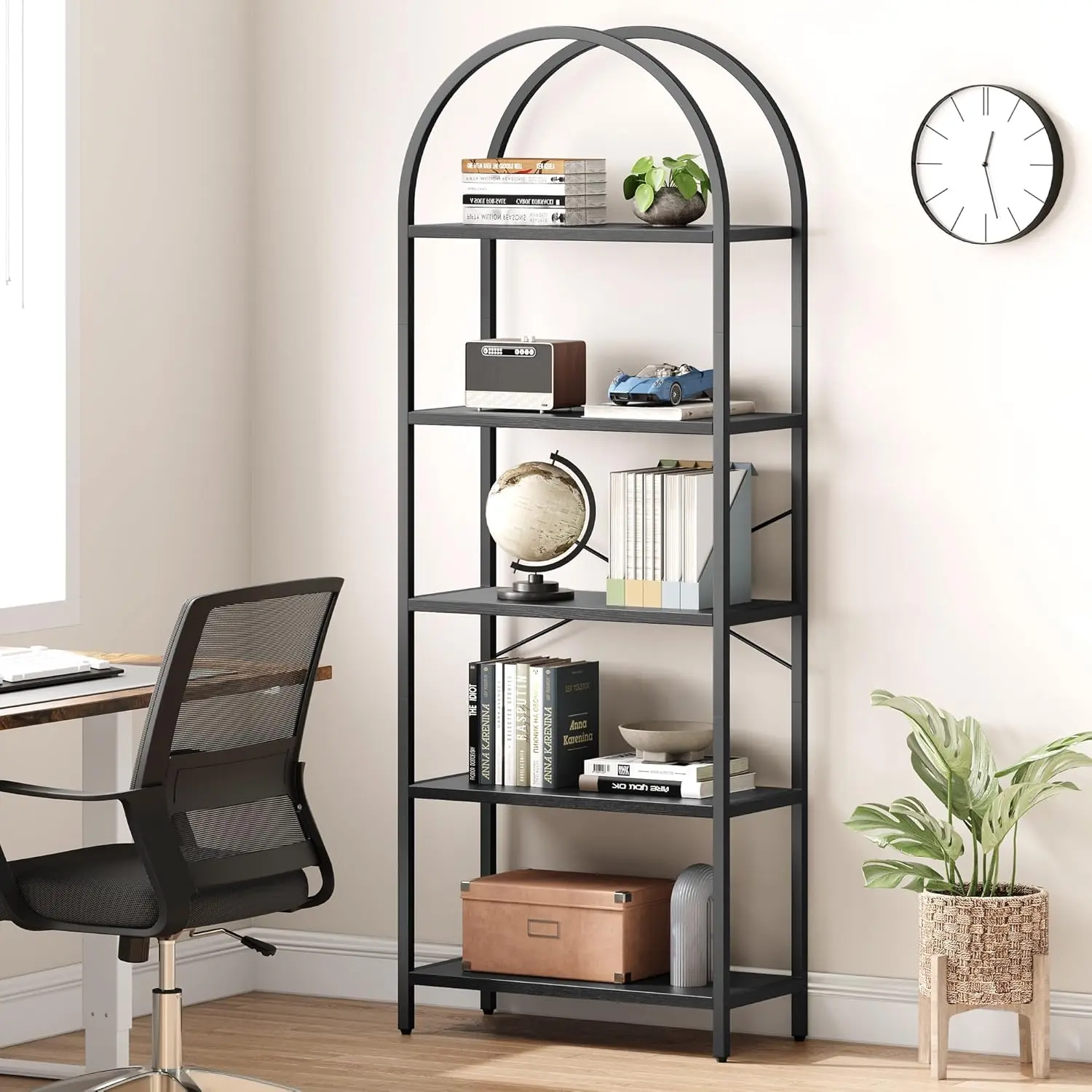 5-Tier Arched Luxury Metal Bookshelf - Tall Stable Modern Design Style Book Nook, Library-Themed Living Room Furniture with Marble Finish, Anti-Tip Strap, Density Board, Multi-Level Shelving, Assembly Required, Small Space Organizer for Collectibles