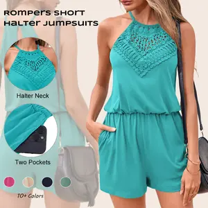 Imily Bela Womens Rompers Casual Summer Rompers Short Halter Jumpsuits Solid Color Elastic Waist Outfits with Pockets