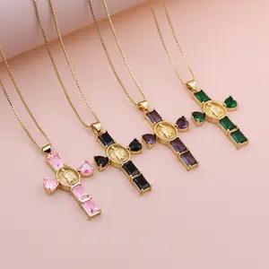 Mary Magdalene Cross-shaped Zircon Necklace with Love Pendant