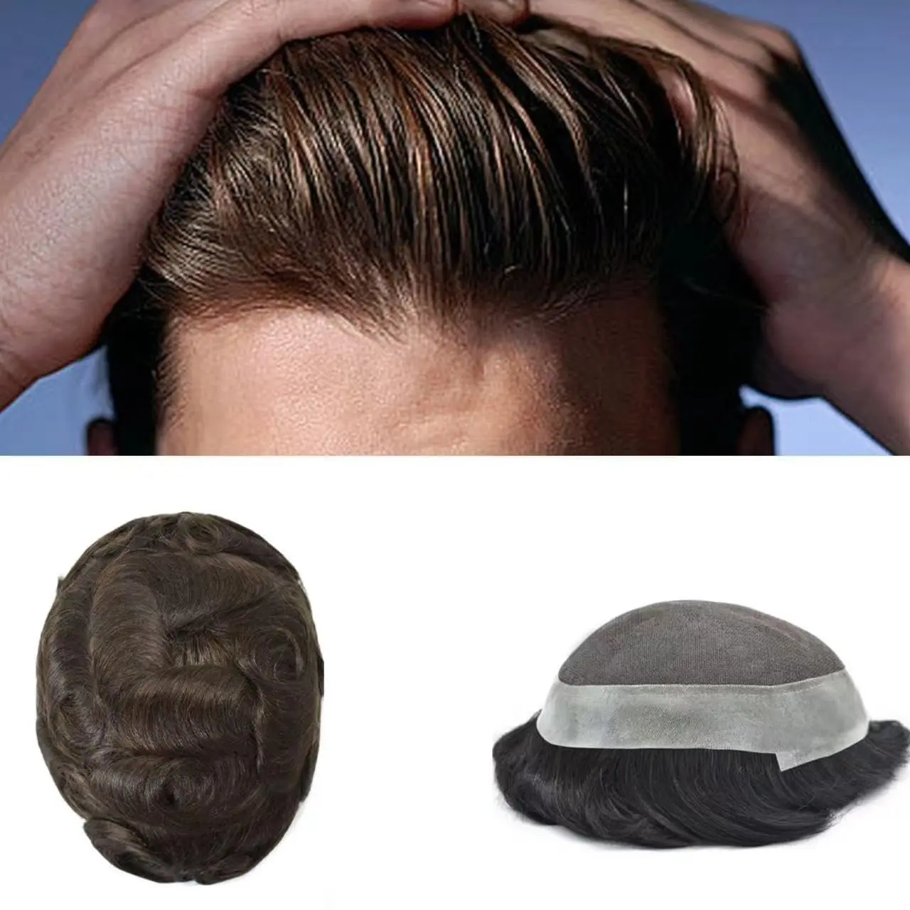 Mens Hairpieces and Toupees Human Hair French Lace Poly Around Skin Hairpiece Human Hair Toupee for Men Hair Replacement System