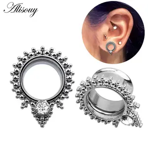 Alisouy 2pcs body Piercing Jewelry Fared Ear Tunnel Plugs Silver Color Ear Piercing Zircon Water Drop Dangle Ear Expander Gauges