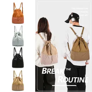 Drawstring Backpack, Water-Resistant Casual Bag for Women Men, Draw String Back Bag with Multi-Pockets for Beach Swim Travel Workout, Brown