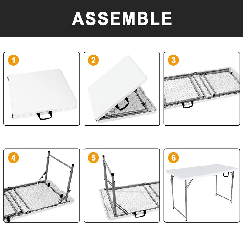 Wisdomfixtures 4FT Adjustable Height Heavy Duty Plastic Fold-in-Half Portable Folding Table with Carrying Handle for Camping and Party Use