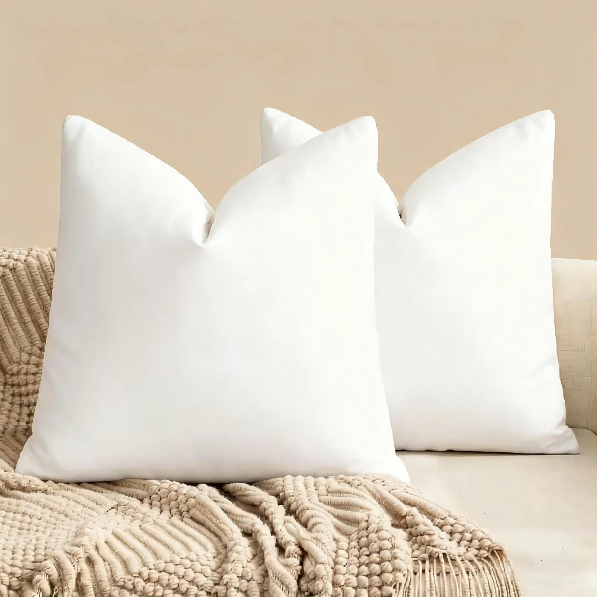 AzulHome 24x24 in Down Alternative Pillow Inserts (Set of 2) - Firm Fluffy Decorative Square Cushions with Flat Weave Cotton Cover, Lightweight Soft Fillers, White Anti-Allergic for Couch, Bed, Machine-Washable