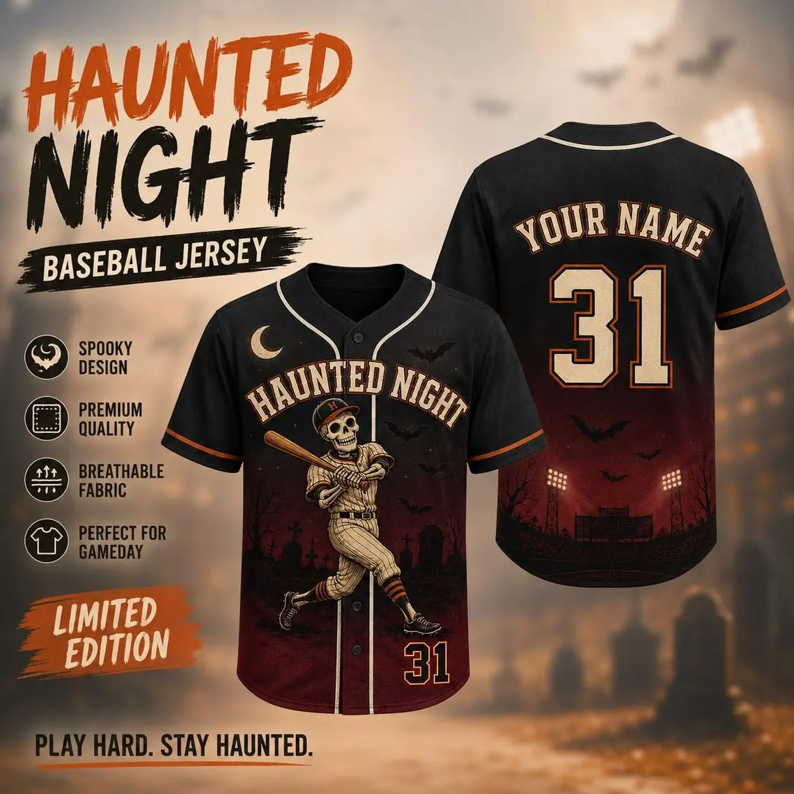 Personalized Halloween Baseball Jersey - Unisex Fit Polyester Fabric Short Sleeve Top, Custom Name Number Graphical Print Skeleton Baseball/Softball Uniform, Spooky Gameday Gift, Short Sleeve Tops
