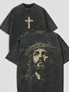 [BT] Vintage Washed Black Jesus Crown Of Thorns Oversized T-Shirt, Cross With Thorn Wreath Front Graphic Religious Faith Christian Streetwear Short Sleeve Tee For Menloose fit vintage faith tee,crown thorn jesus graphic shirt,spiritual mens christian tee