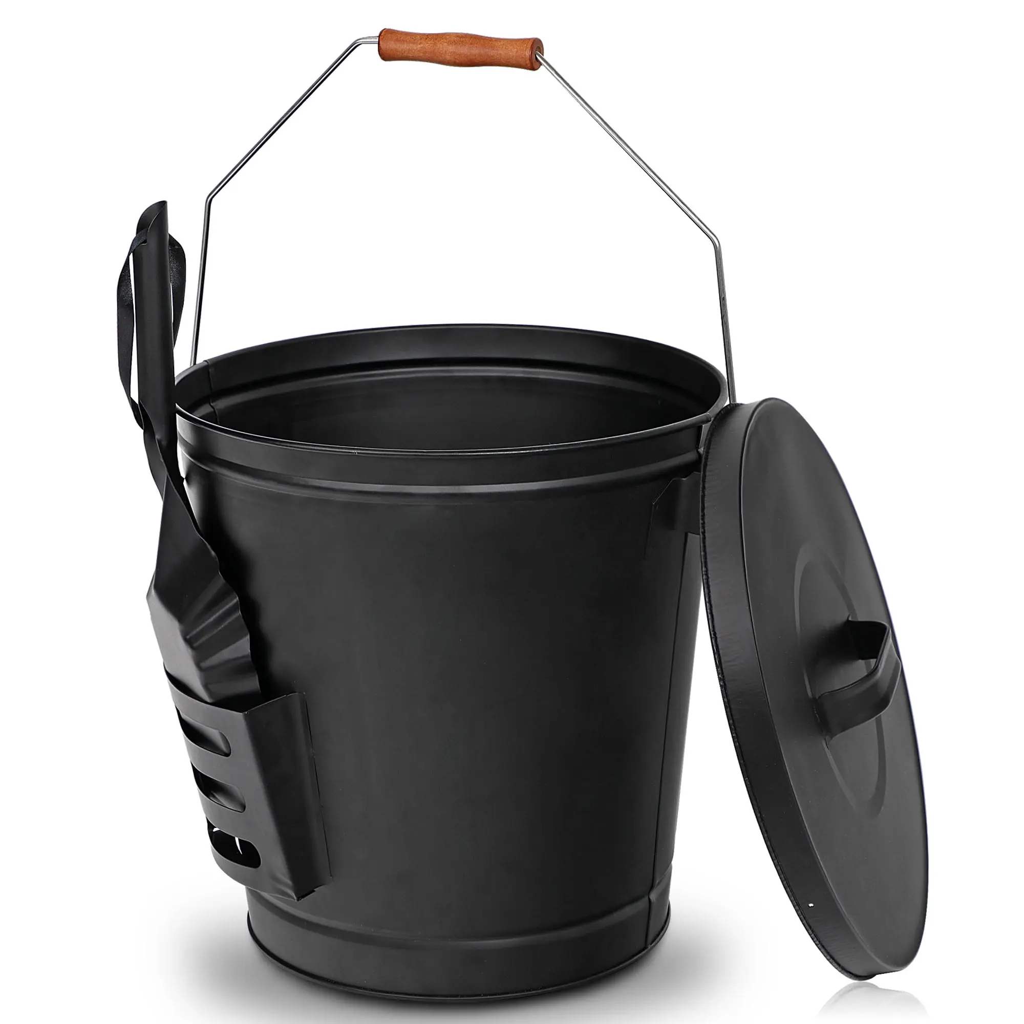 SuperDeal 5gal Heavy-Duty Large-Cap Black Metal Ash Bucket with Lid, Shovel, Shovel Pocket - Essential Hearth Accessory for Wood Burning Stoves, Fireplaces