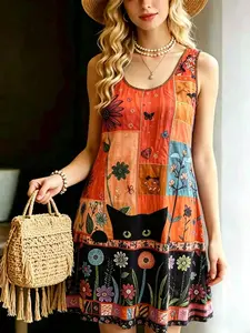 Vintage Patchwork Cat Print Sleeveless Dress, Bohemian Loose A-Line Beach Vacation Dress, Retro Style Summer for Women