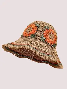 Women's Boho Straw Hat, Beach Vacation Beach Outing Ethnic Style, Sun Protection Fisherman Cap, Vintage Floral Patchwork, Foldable Design Travel Sandhat