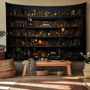 1pc  Cozy vintage bookshelf tapestry wall hanging with antique bookshelves library art decor aesthetic for living room home office studio bedroom unique rustic boho decorative fabric backdrop gift design Tapestry