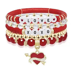 Gilded Grace Valentines Day Bracelet Set, Red Gold LOVE XOXO Heart Charm Beaded Stretch Stack Bracelets for Women Girls Gift