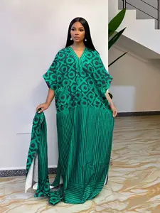 African style contrasting printed loose robe, blue brown letter striped patchwork plus size dress, V-neck bat sleeves, Muslim daily casual long dress, comfortable, breathable, elegant temperament, vacation commuting women's clothing, Muslim Dresses