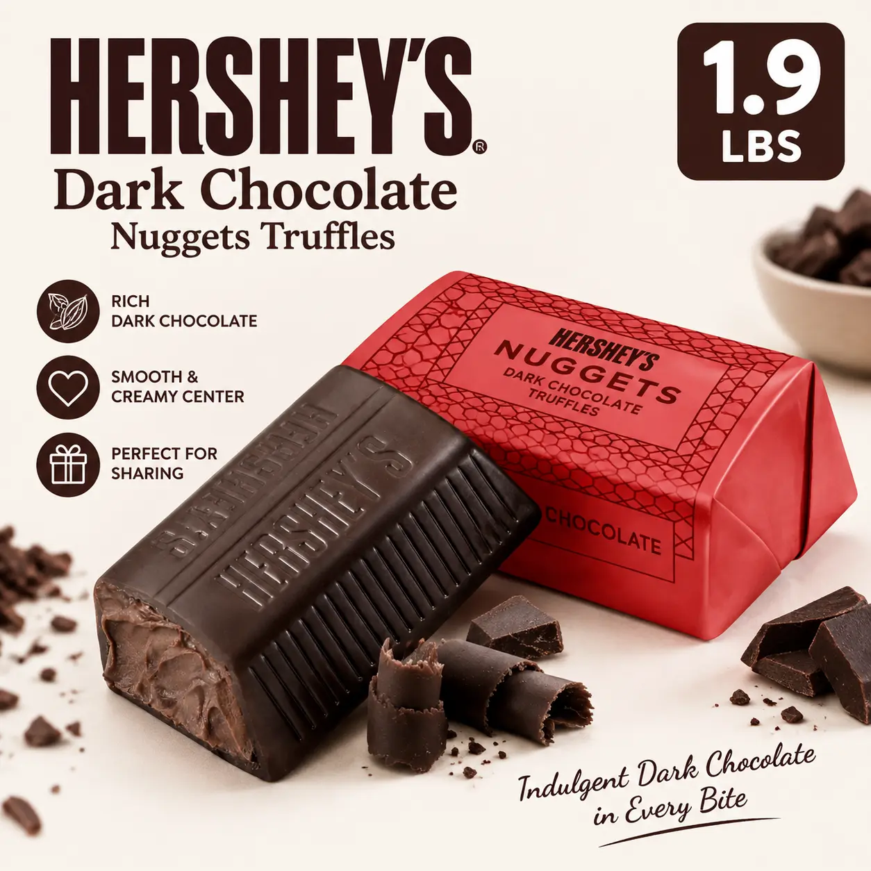 HERSHEYS Dark Chocolate Nuggets Truffles 1.9 lb Bulk Bag Premium Dark Chocolate Candy