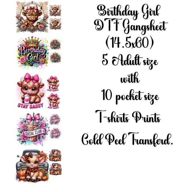 DTF Gang-sheet Birthday Girl 14.5x60 5 Adult Size with 10 Pocket Size T-shirts Prints Cold Peel Transfer