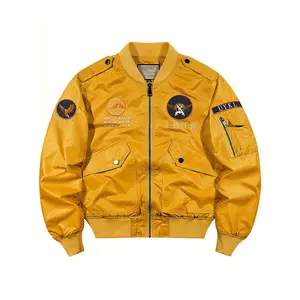 Men's 100% Nylon Loose Letters Print Bomber Jacket With Multi Pockets, Casual Baseball Collar Zip Up Long Sleeve Outwear For Outdoor