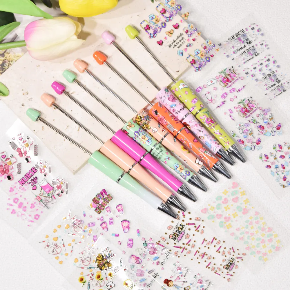 Beadable Pen and Sticker Set, Mix 12pcs Colorful Beadable Pens and 12pcs Medical Nurse Theme UV DTF Pen Wraps Fun DIY Crafts, Perfect for Party Gifts and Office Supplies Nurse Gifts