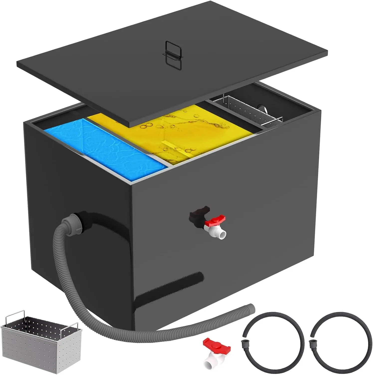 Grease Trap, 20.32 GPM Grease Interceptor, 50 LBS Carbon Steel Under Sink Interceptor, Commercial Interceptor for Home Kitchen, Canteen, Restaurant, Coffee Shop tap filter