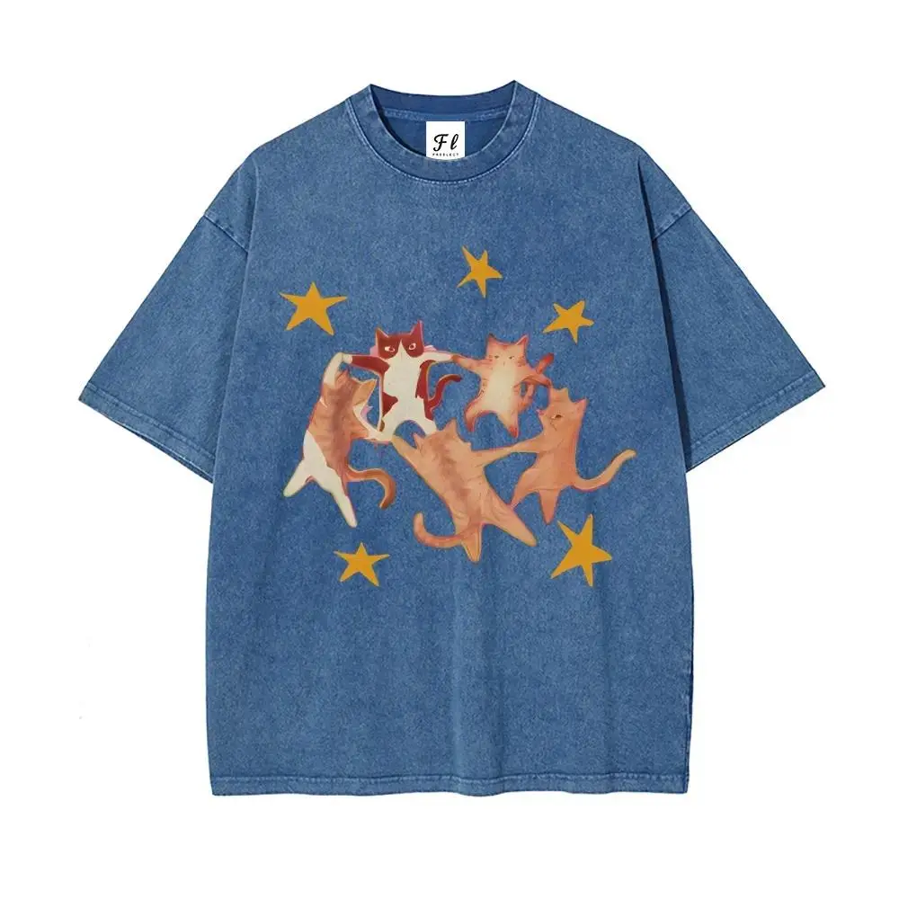 Unisex Starry Cats Illustration Art Pattern Washed Vintage Graphic T-Shirt - Cute Cartoon Cats T-Shirt ,Retro Streetwear Aesthetic Wash Cotton Shirt oversized tee