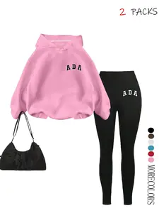 Girls' Spring & Fall New Set, Hooded Sweatshirt with Ada Pattern + Comfortable Yoga Pants, Casual Fashion for Teens