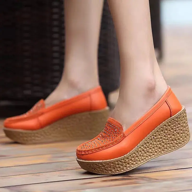 2025 Women Loafers Casual Wedges Shoes Slip on Platform Women's Middle-aged Mom Shoes Pu Leather Solid Moccasins Flats for Women