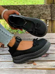 New Retro Vintage Bow Thick Sole Mary Jane Walking Shoes for Women, Casual Textile Upper, Rubber Sole, All Seasons, Plain Pattern, Less Than Ankle Height